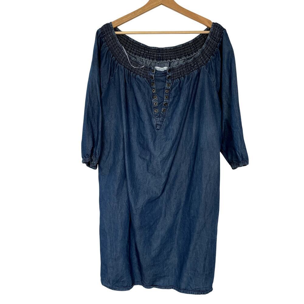 Boutique blue denim off the shoulder 3/4 sleeve steampunk dress 2X midi boho